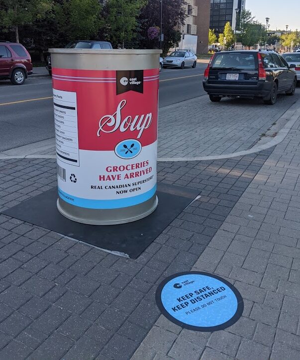 A large soup can sits on a street in the East Village.
