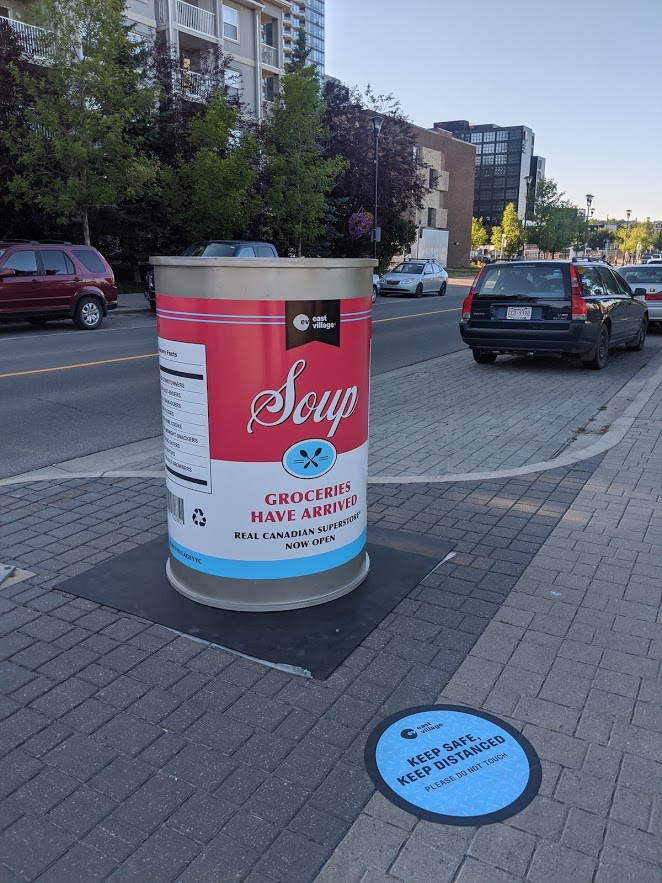 A large soup can sits on a street in the East Village.