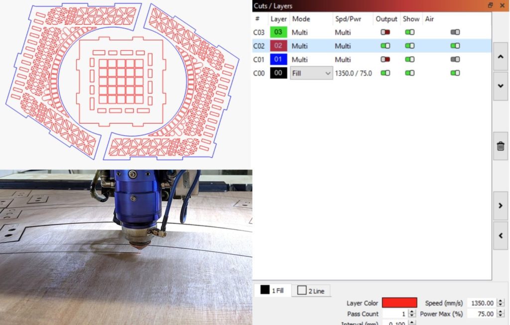 3 images collaged together of a laser cutter, lightburn software window with settings and an image of the image being laser cut in red and blue