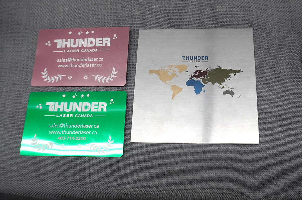 laser etched business cards on aluminum in rose, green and a color etch on metal. Done with a thunder laser at Fuse 33 buy one today