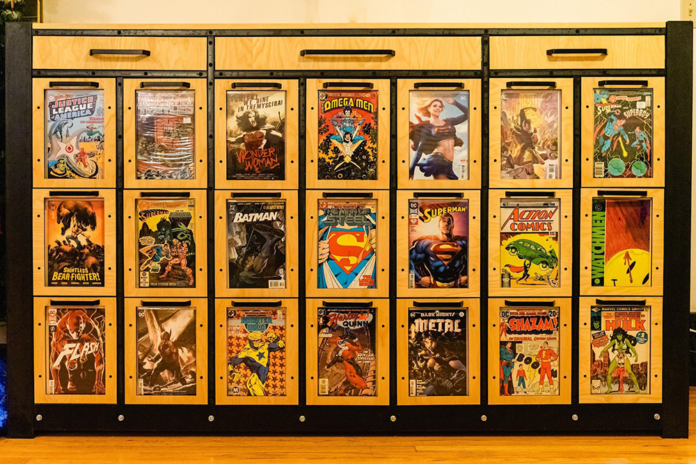 laser cut grid to store comic books made of wood at Fuse 33 Makerspace