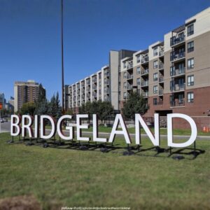 bridgeland letters on grass in calgary neighbourhood